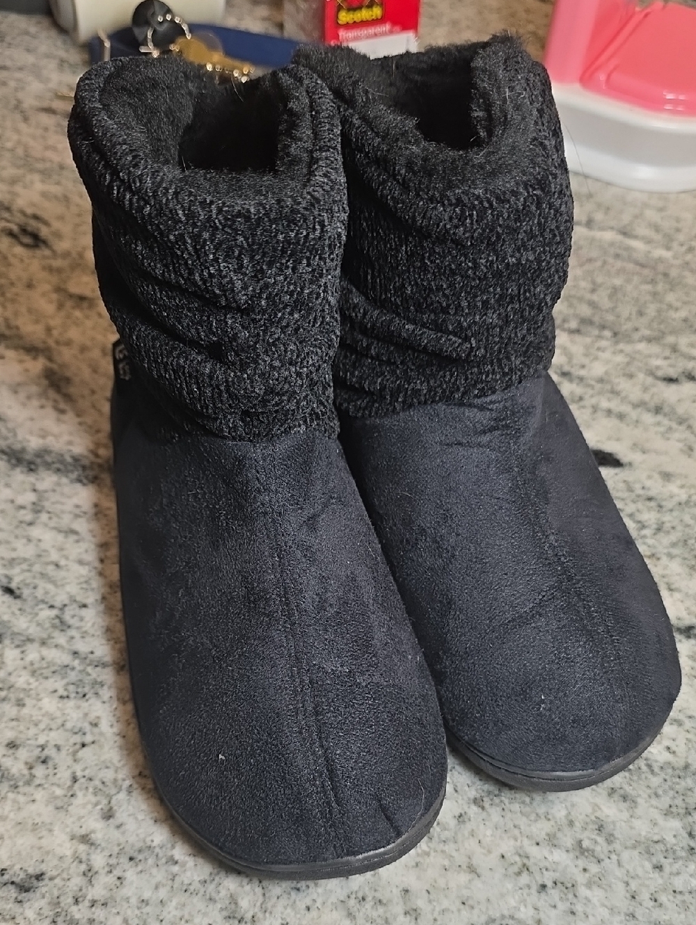 Cozy Women's Black Faux-Suede Slippers with Knit Cuff